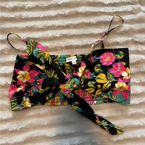Express Black Floral Tie-Front Bandeau Top — Pink & Yellow Flowers